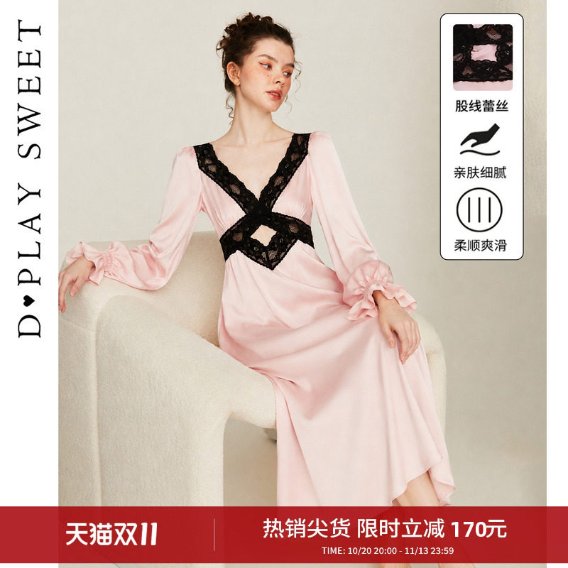 dplaysweet复古黑粉撞色镂空蕾丝缎面长款睡裙轻奢性感长袖睡衣