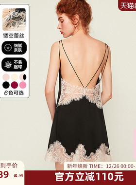DPLAYSWEET法式黑色露背性感吊带裙睡衣蕾丝纯欲风睡裙睡衣套装