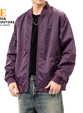 ZABE2024秋冬新款保暖短款飞行夹克男士宽松抗皱紫色防风外套潮