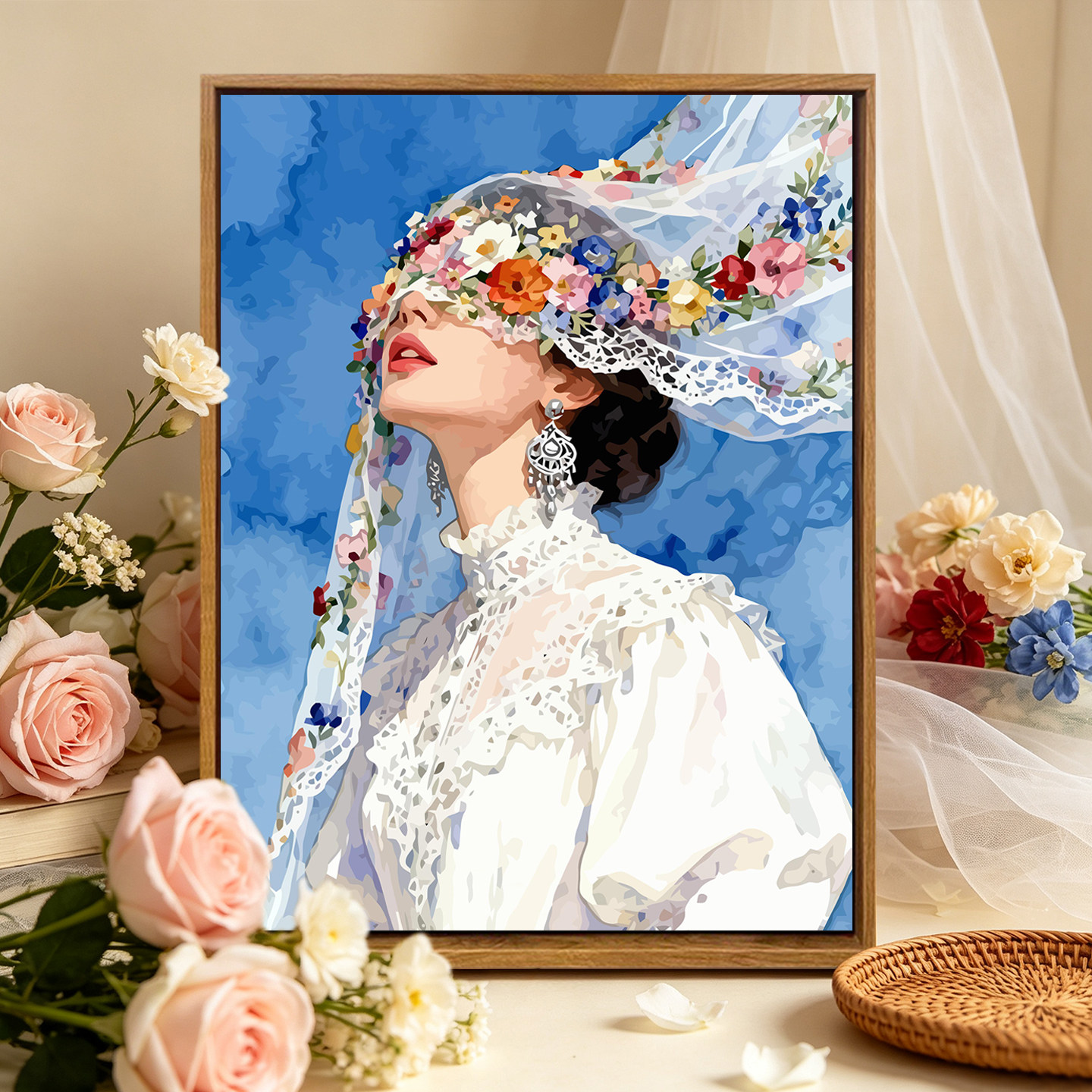 新款古风花卉头纱女士数字油画