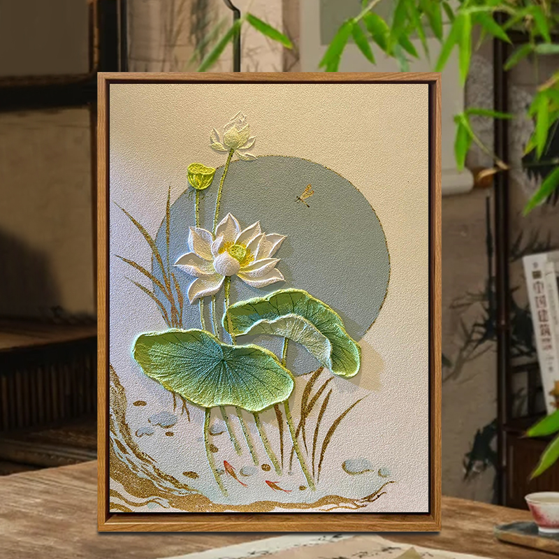 中国风月下白荷花卉石英砂肌理画