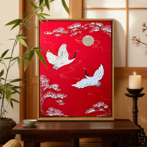 中古风仙鹤肌理画DIY装饰画