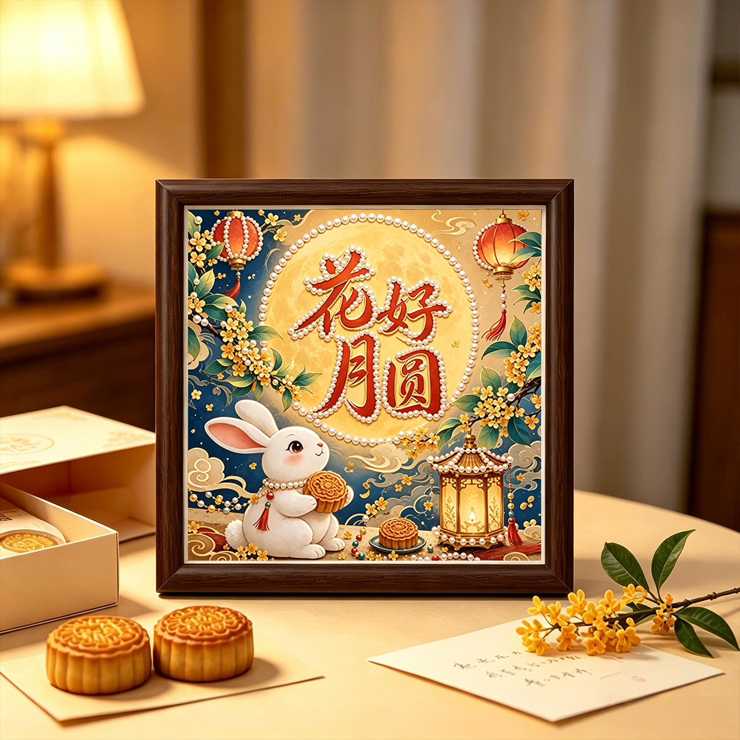 中秋节花好月圆相框摆台珍珠画