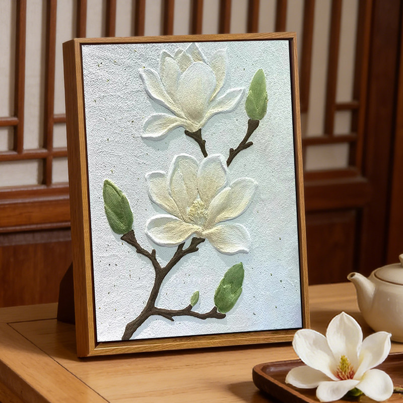 新中式玉兰花卉石英砂肌理画DIY材料全套手工填色高级感数字油画