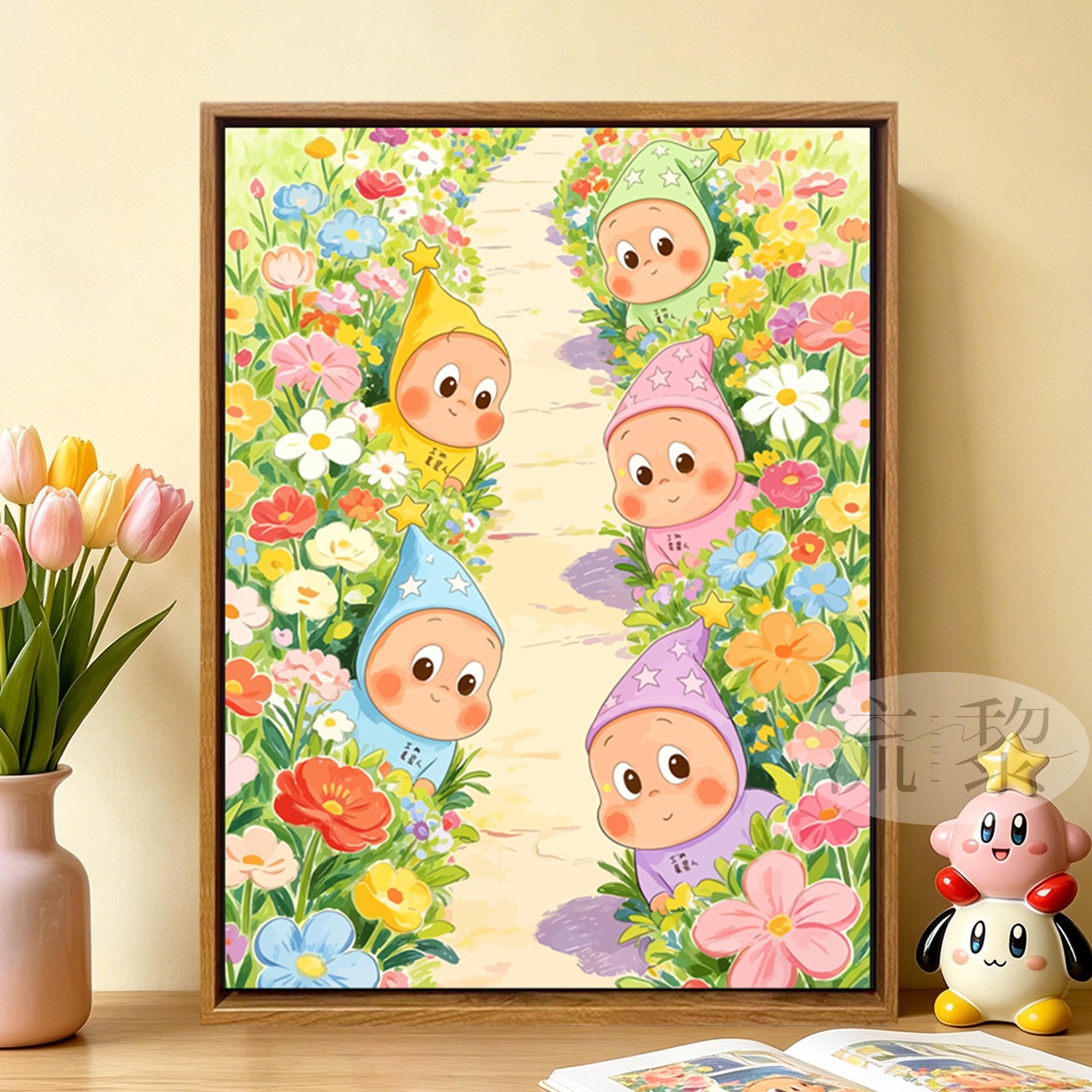 治愈花丛中星星人卡通DIY数字油画儿童手工绘填充涂色油彩装饰画