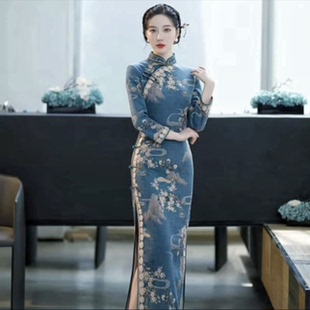 复古新款中国风传统九分袖秋冬款曼丽绒古法长款旗袍日常气质旗袍
