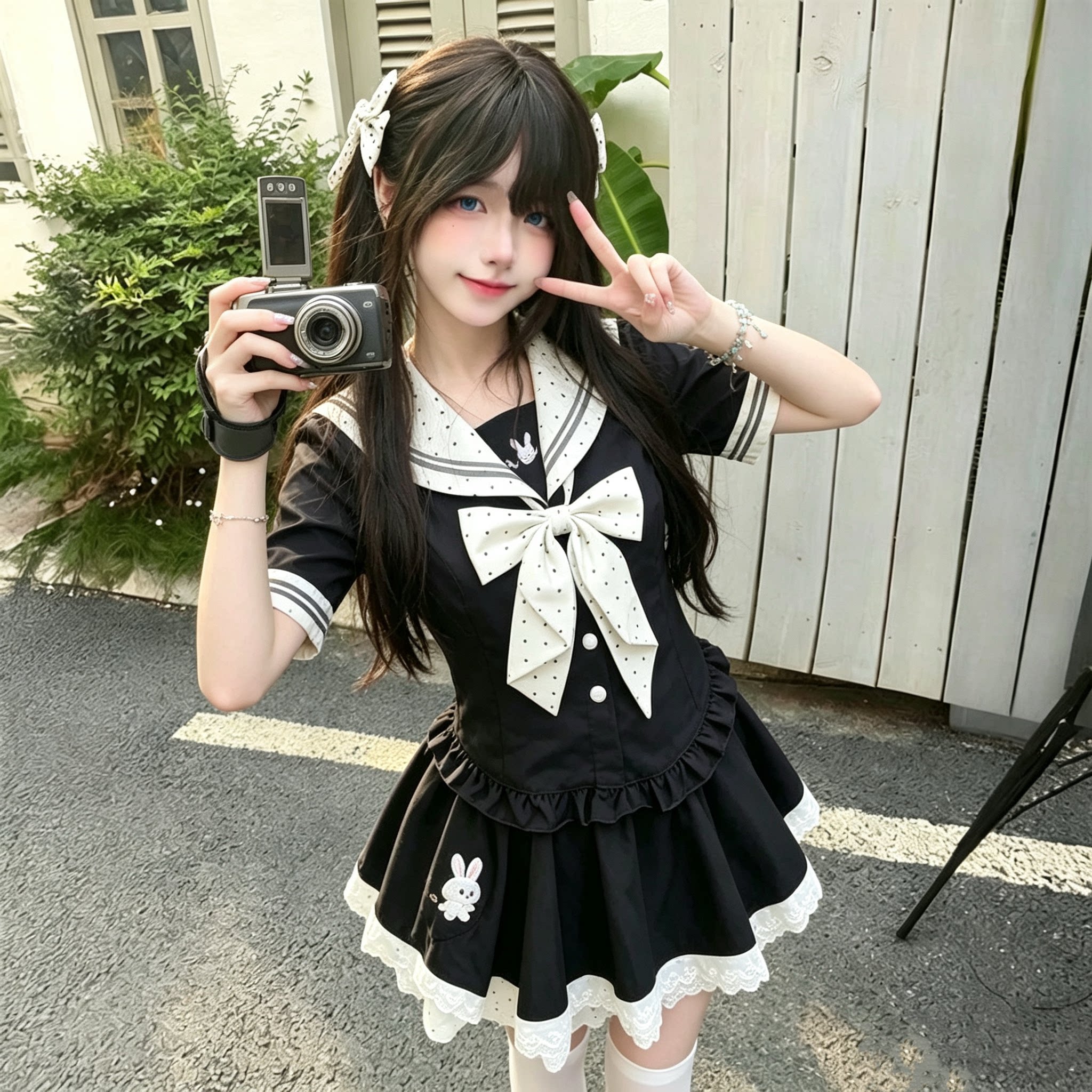 原创波点兔子水手服套装女夏季JK学院风收腰短袖上衣蕾丝花边短裙图片