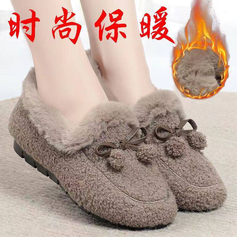 老北京女士豆豆鞋女秋冬居家一脚蹬加绒加厚冬季保暖妈妈鞋毛毛