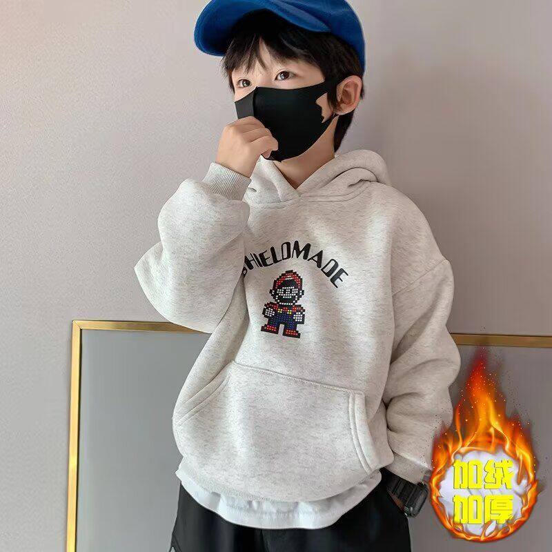 男童加绒卫衣冬装加厚儿童韩版上衣保暖宝宝冬季衣服洋气男孩外套