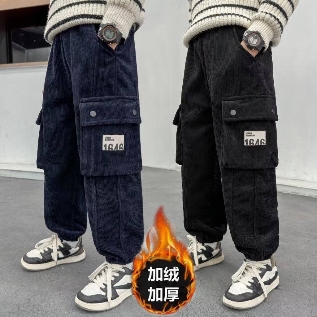 童装2025新款冬季男童加绒工装裤儿童裤子加厚一体绒酷帅男孩长裤
