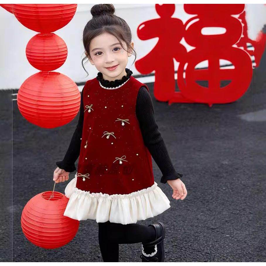 女童公主童装冬款裙子2026新款女孩红色连衣裙礼服新年打底衫套装