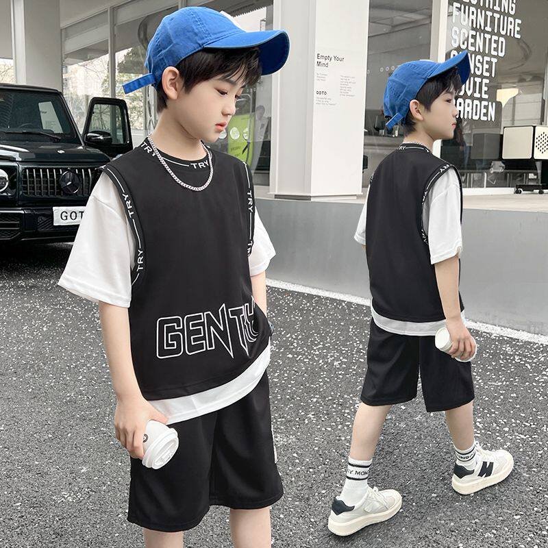 童装男童运动短袖套装2026新款夏装儿童洋气速干篮球装帅气两件套