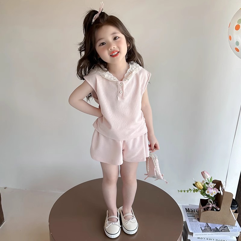 女童夏装蕾丝连帽两件套