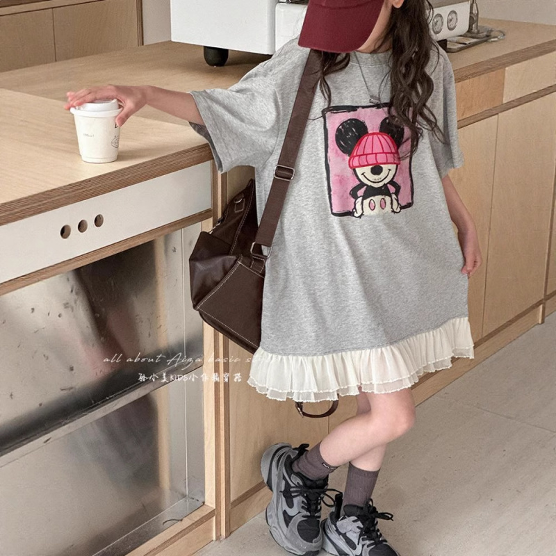 现货女童夏季连衣裙2025洋气儿童短袖长款T恤裙夏装蕾丝拼接上衣