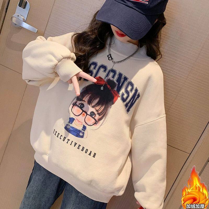 女童卫衣秋冬季加绒加厚韩版半高领宽松休闲卫衣女童卡通印花长袖