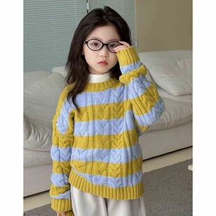 粗线条童装女童毛衣冬季韩系软糯针织衫儿童条纹慵懒风宽松针织衫