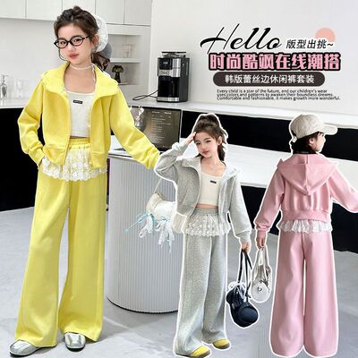 292童装春秋女童套装新款洋气儿童蕾丝中大童卫衣外套两件套潮