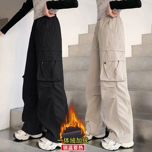 女童裤子冬季外穿2025新款秋冬加绒中大童黑色阔腿秋季儿童工装裤