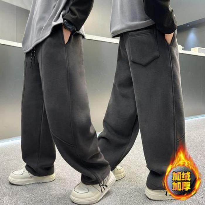 男童裤子加绒加厚运动裤羊羔绒秋冬装大童冬季一体绒弯刀裤初中生