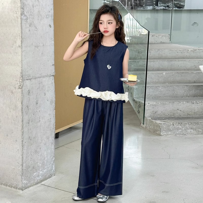 女童套装夏季2025新款洋气儿童无袖背心夏装女孩天丝阔腿裤两件套