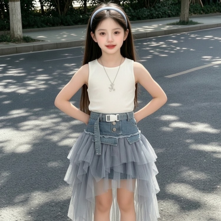 2026新款夏季女童背心裙时尚洋气网纱拼接牛仔裙百搭出游装