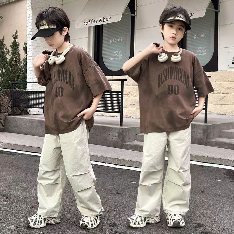 男童夏季街头痞帅套装中大童夏季新款工装裤撞色短袖洋气两件套装