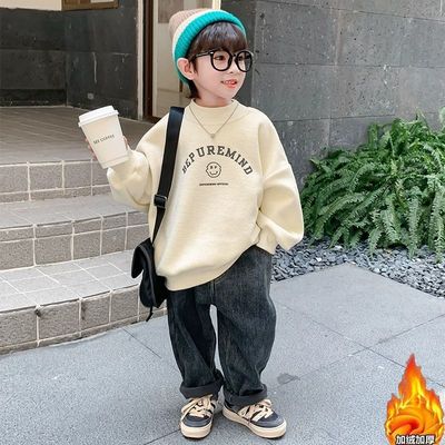 男童卫衣秋冬季加绒加厚韩版宽松休闲圆领卫衣儿童小众字母印花上