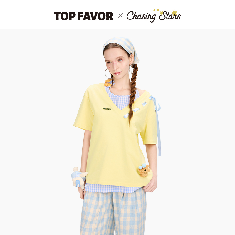 TOP FAVOR【花田布偶】2025夏季新款潮玩小熊T恤女生拼接宽松短袖