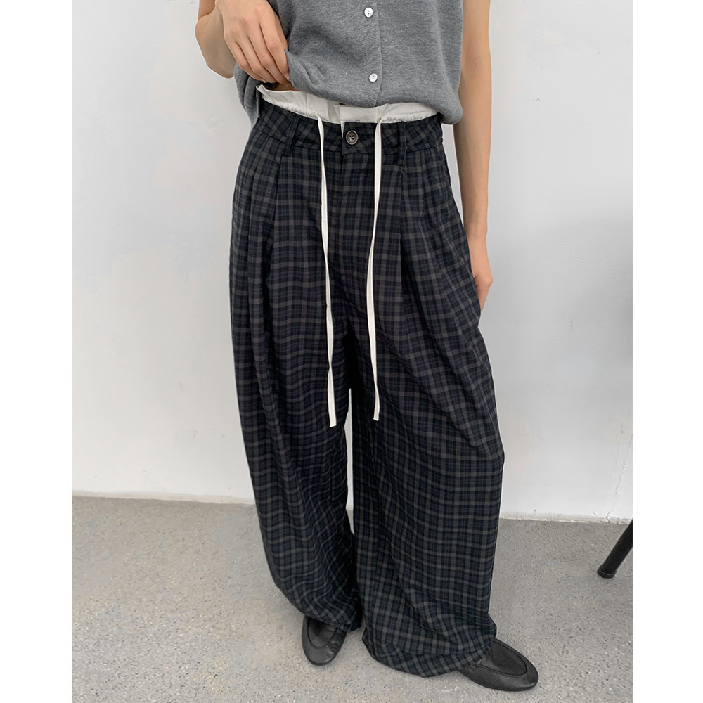 EVERTRUE 阔腿裤女2025秋冬新款韩版格子高腰宽松系带长裤子93580