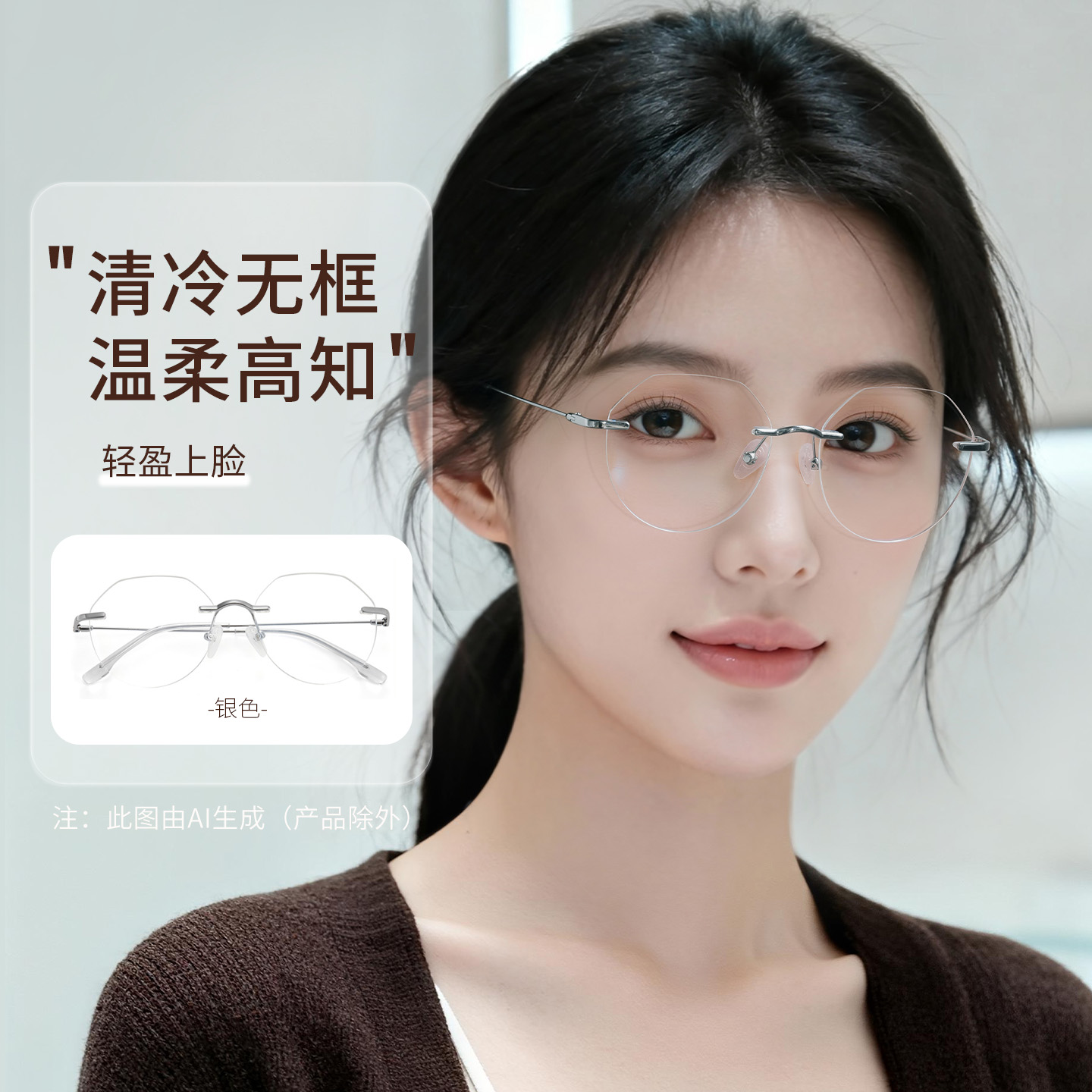 目戏钛合金腿无边框镜架女