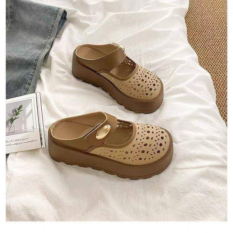 丽半珍H新25052拖鞋女厚裙底包头夏外穿20玛25新款法式配子镂空透