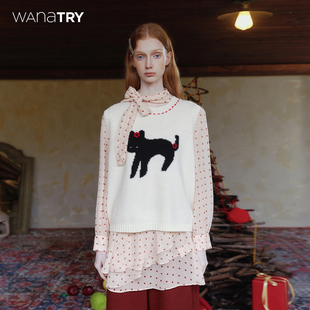 百搭休闲时髦上衣女 新品 wana try100%羊毛小猫图案针织马甲25冬季