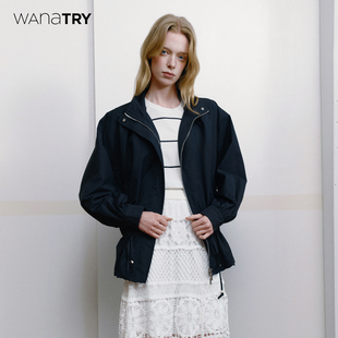 藏青色质感韩系外套 新品 wana try绣花抽绳设计感立领风衣2026春季
