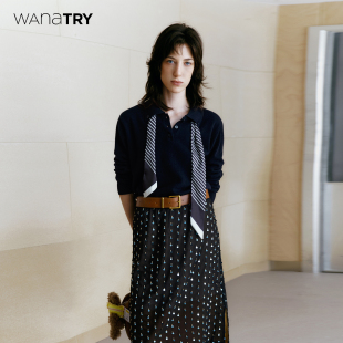 新品 含丝巾2025秋季 藏青时髦上衣 try100%羊毛通勤OL感针织衫 wana