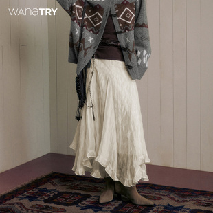wana 米白色韩系仙气百搭半裙女 try褶皱木耳边长裙春秋新品