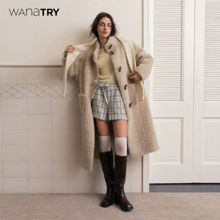 【明星同款】wana try100%绵羊毛复合皮毛一体大衣25冬杏色外套女