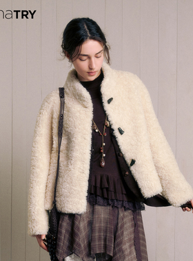 wana try100%绵羊毛立领复合皮毛一体外套25秋新品米色时髦上衣女