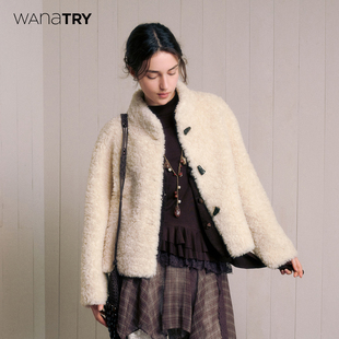 wana 米色时髦上衣女 try100%绵羊毛立领复合皮毛一体外套25秋新品