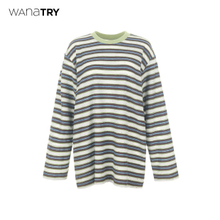 百搭时髦韩系休闲上衣女 T恤2025秋新品 wana try复古条纹纹理长袖