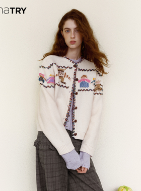 wana try100%绵羊毛卡通人开衫2025冬季新品米色复古百搭上衣女