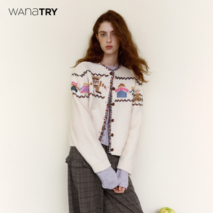 新品 2025冬季 米色复古百搭上衣女 try100%绵羊毛卡通人开衫 wana