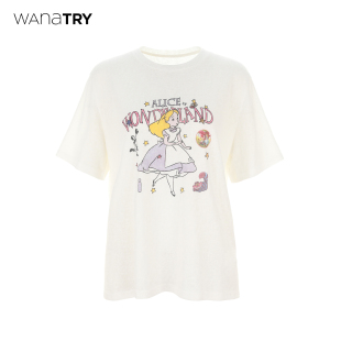 新款 wana 夏季 减龄百搭短袖 卡通做旧印花上衣T恤女 try休闲宽松款