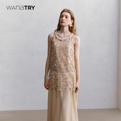 wana try网纱肌理感连衣裙2025夏新品 浮金杏扭结珠链设计连衣裙女