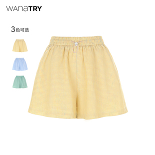 休闲简约短裤 wana 新品 2025夏季 女 try100%亚麻夏日格子复古短裤