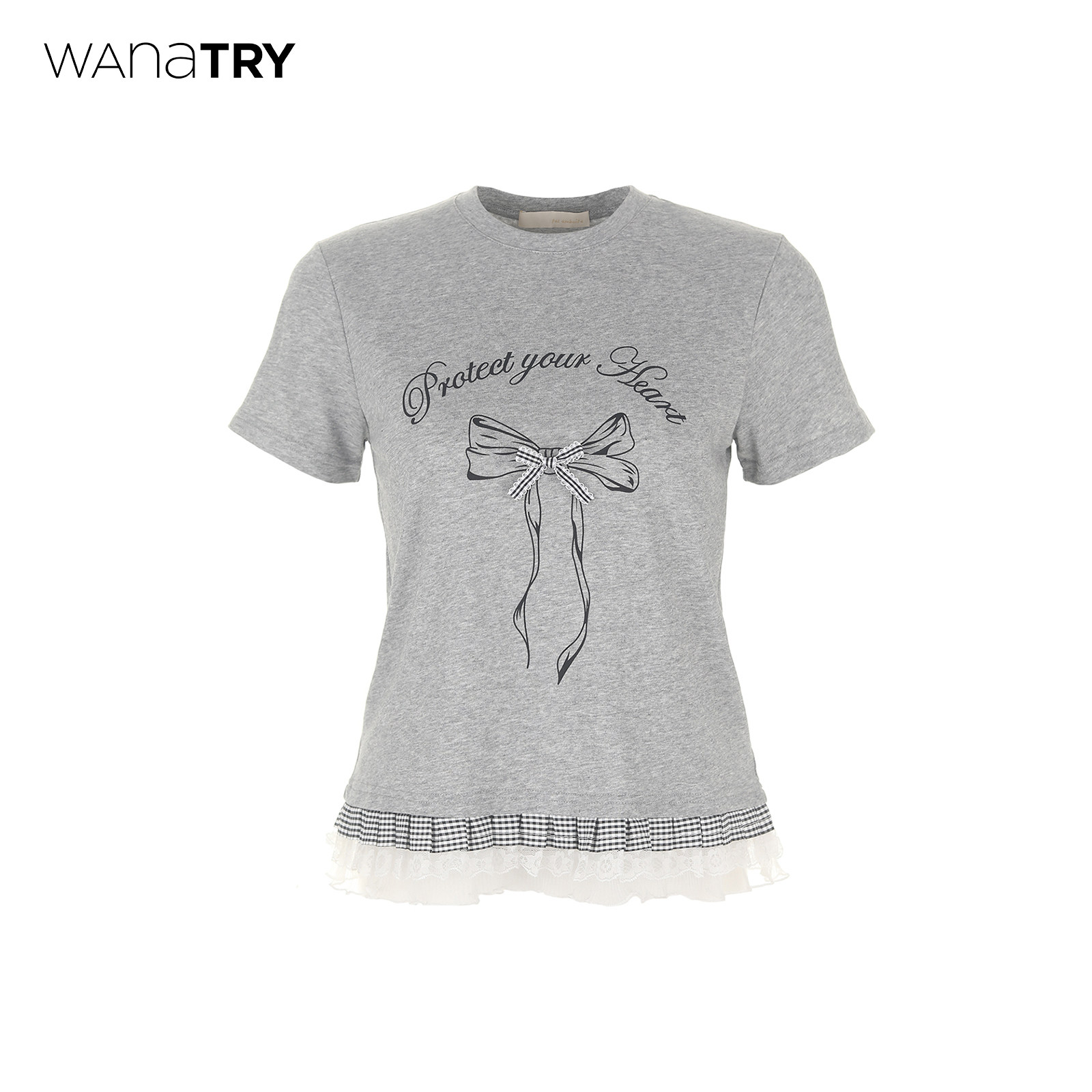 wana try灰色蝴蝶结蕾丝花边休闲T恤2025夏季新品休闲时髦短袖女