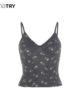 wana try碎花合身款复古吊带2025冬季新品灰色韩系时髦休闲上衣女