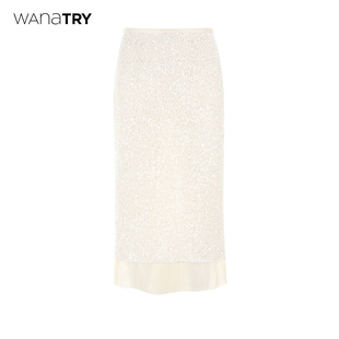 时装 休闲百搭修身 半身裙女 try米白色高级感重工亮片中裙新款 wana