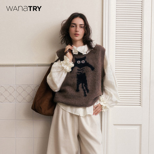 新品 针织马甲2025秋季 卡其色休闲简约上衣 try马海毛羊毛无袖 wana