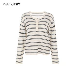 杏色休闲韩系简约上衣 2026春新品 wana try桑蚕丝五粒扣条纹针织衫