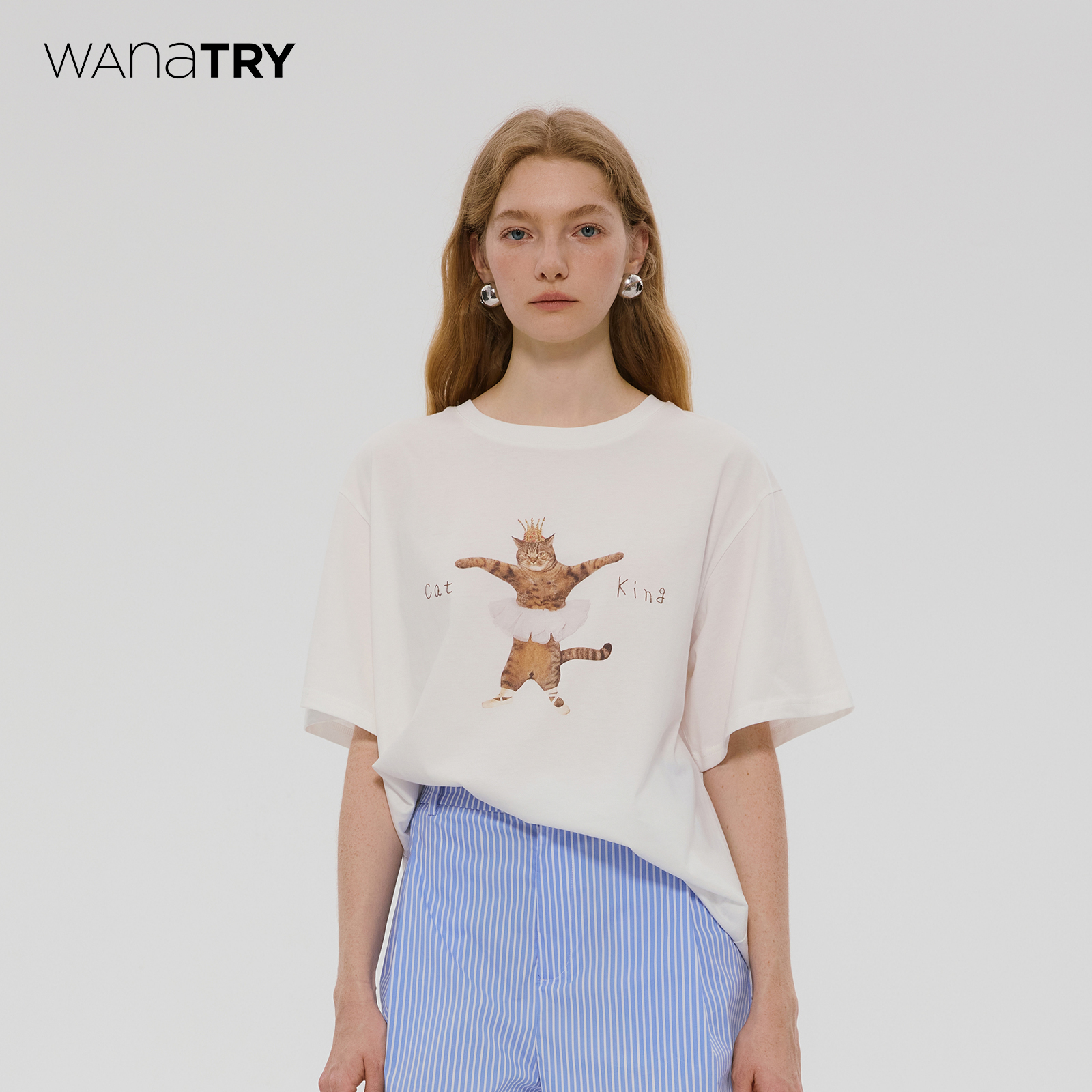 wanatry白色纯棉趣味印花短袖